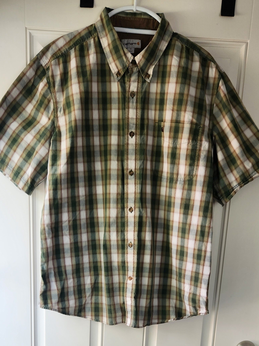 Carhartt Men's Green and White Short-Sleeve Plaid Button-Down Shirt